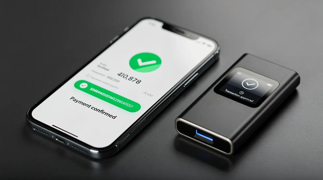 The image features a close-up of a smartphone displaying a crypto payment confirmation, positioned next to a hardware wallet, symbolizing secure crypto transactions. This setup highlights the integration of digital payments in the online gambling world, particularly in crypto casinos.