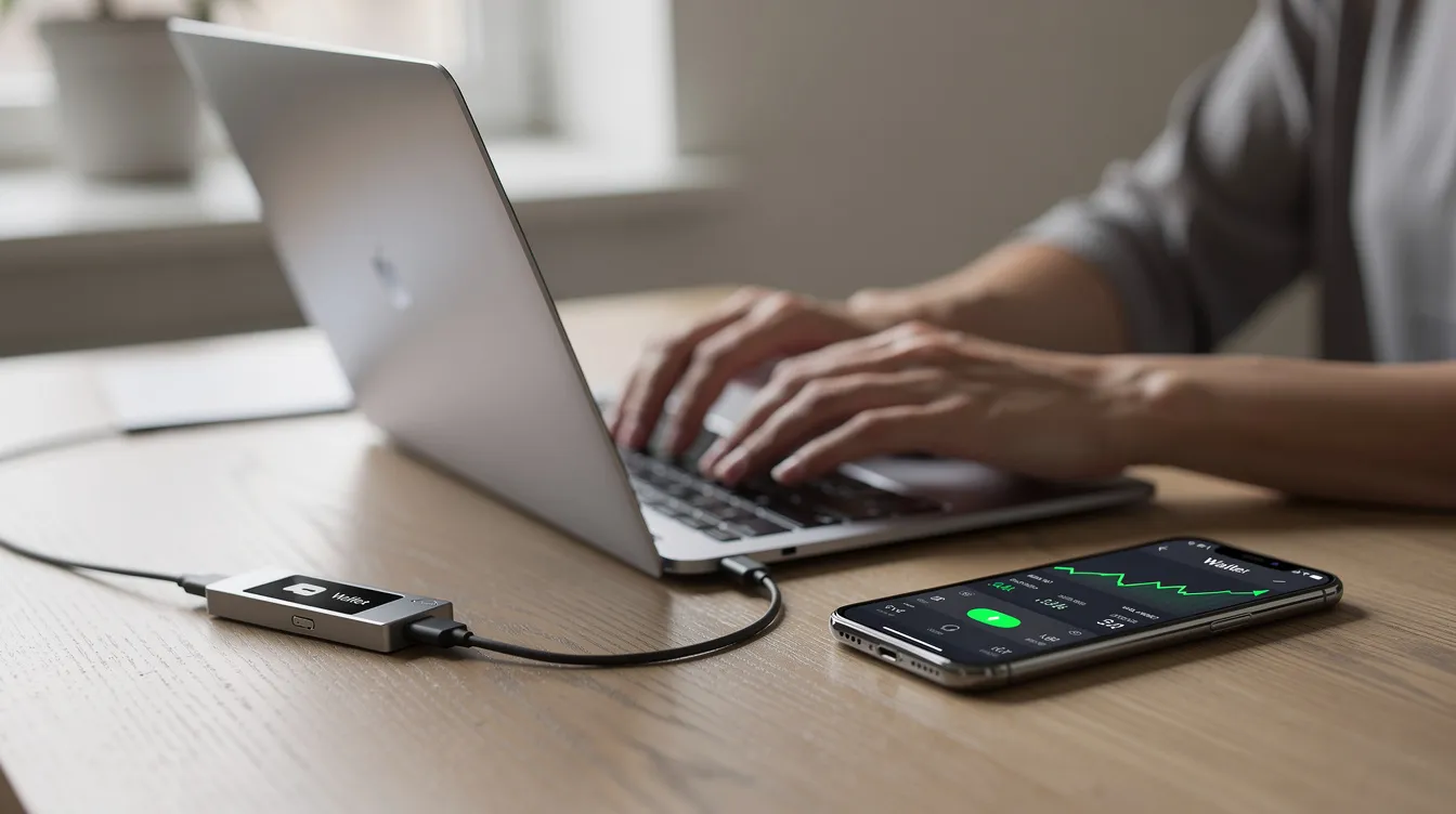 A person is sitting at a table, focused on their laptop, with a hardware crypto wallet and a smartphone nearby, illustrating the integration of technology in online gambling and crypto transactions. This setup symbolizes the convenience of managing a crypto casino account and accessing various casino games, including provably fair casino games, from the comfort of home.
