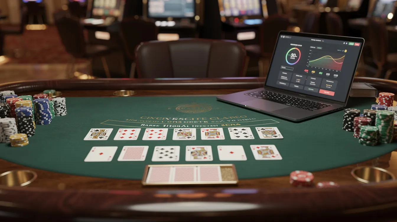 The image shows a dealer table equipped with playing cards and chips, alongside a laptop, suggesting an online gambling environment. This setup is typical for crypto casinos, where players can engage in casino games and explore options like live dealer games and provably fair casino games.
